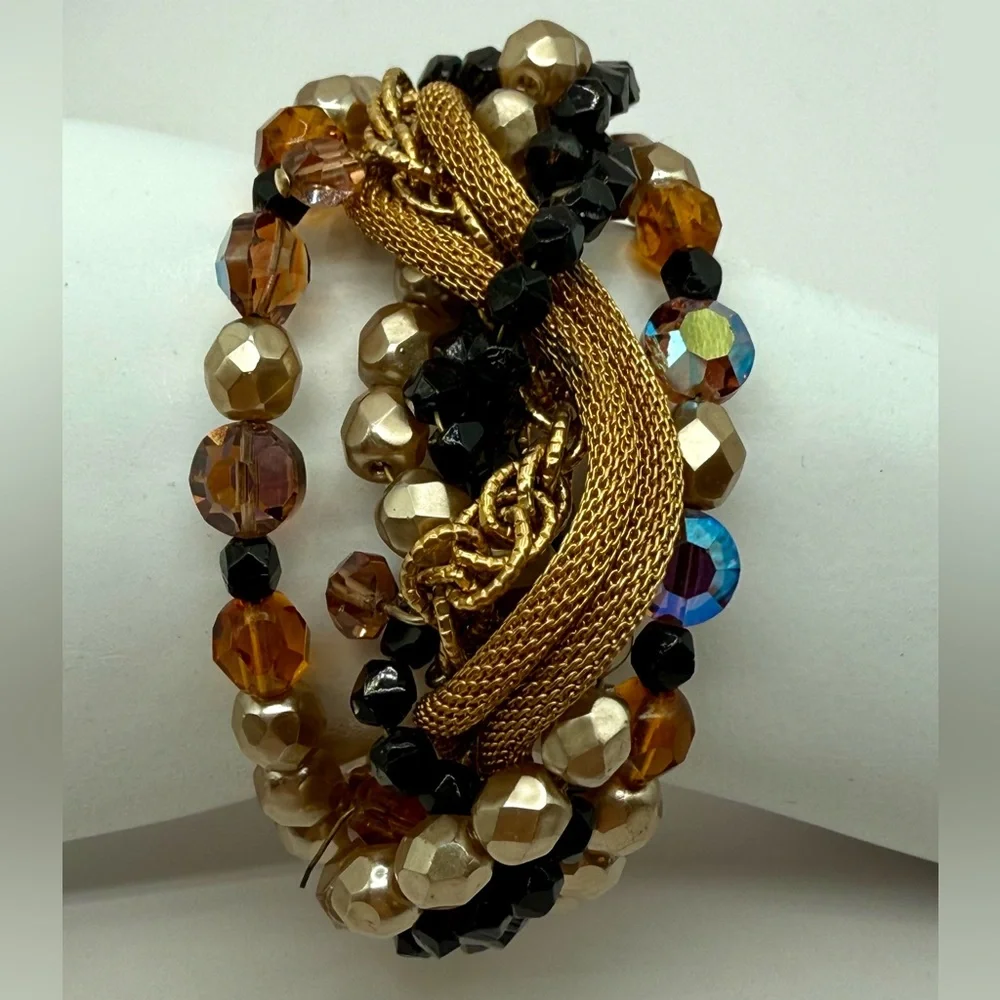 Bohemian Mixed Media Multi-Strand Wire Bracelet Adjustable Glass, AB, Gold Tone